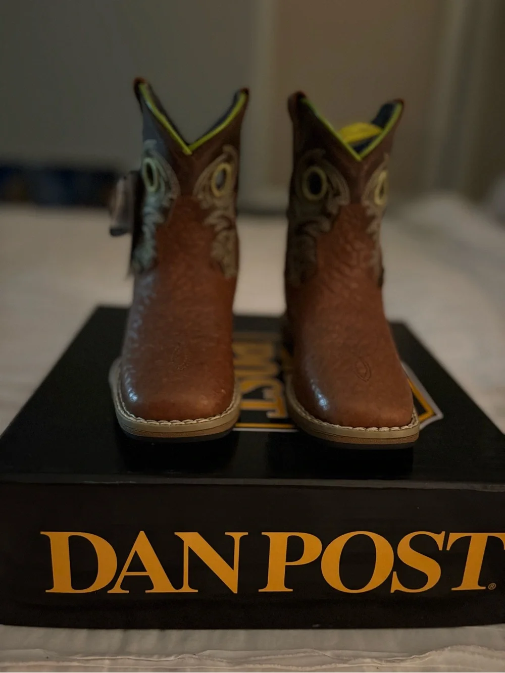 Dan Post Brown Kids Western Boots with Yellow Trim